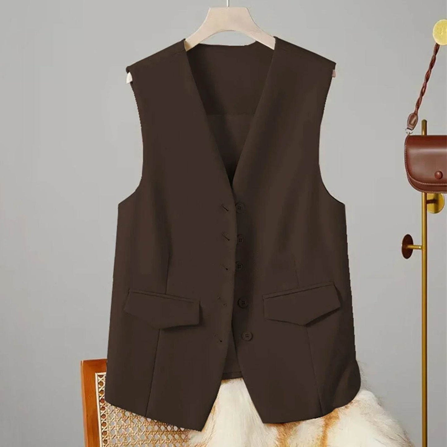 Women Suit Vest Elegant Women's V Neck Business Vest Sleeveless Waistcoat for Office Commute Style Solid Color Single-breasted - AIAZ