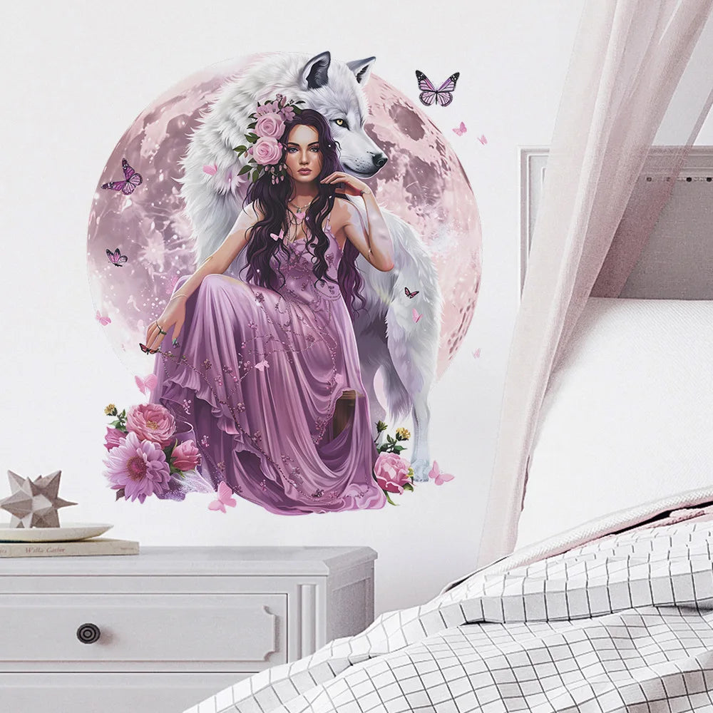 Purple Wolf Girl Vinyl Wall Decal For Kids Room Decoration Room Decor Bedroom Accessories Wall Art Home Decoration Wall Decor