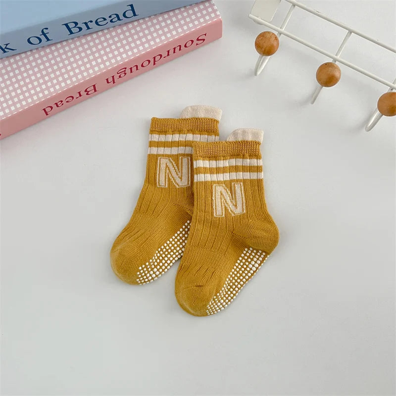 3Pairs/Lot Baby Letter Non-slip Socks Soft Cotton Short Kids Sock Infant Toddler Boys Girls Cute Stripe Socken For 0-5Years