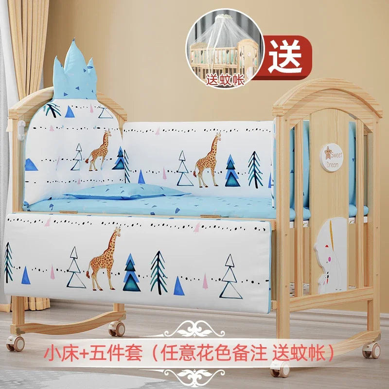 Baby Crib Multifunctional BB Baby Crib Solid Wood Unpainted Cradle Bed Movable Newborn Children Splicing Large Bed