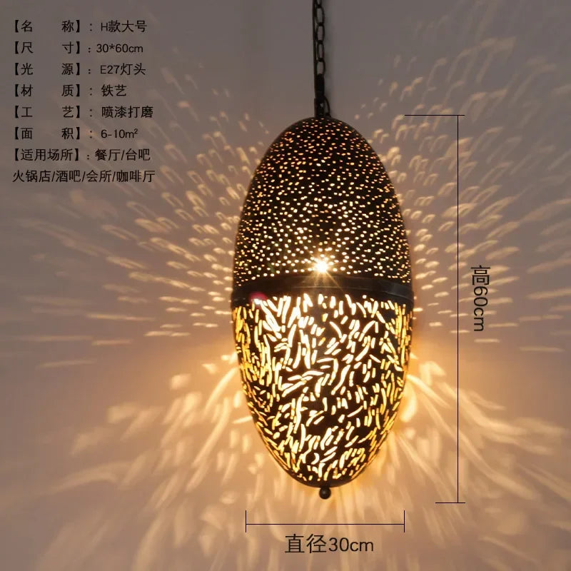 Vintage Antique Hollow Carving Pendant Lamp Southeast Asia Moroccan Golden Hanging Light Restaurant Bar Industrial Pendant Light