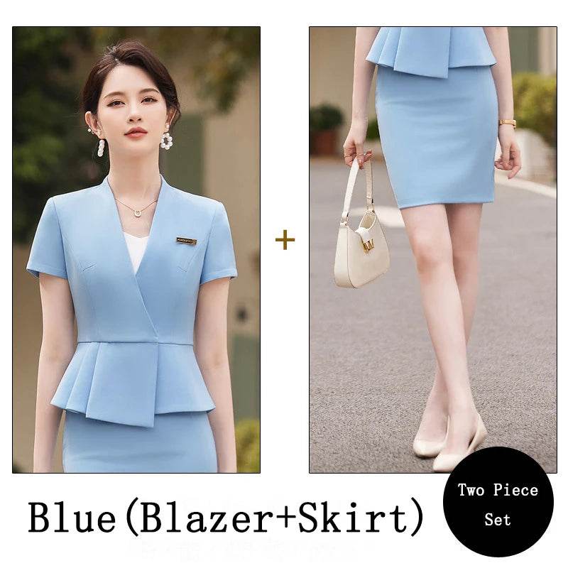 Women's Business Suits Summer Short Sleeve OL Style Office Formal Professional Work Wear Set with Skirt And Tops Career Outfit - AIAZ