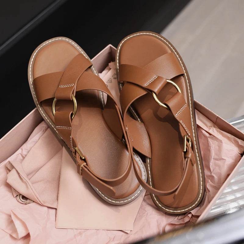 Sandals Woman 2025 New Spring Summer Fashion Comfortable Genuine Leather Flat Elegant Shoes for Women Casual Beach Shoe - AIAZ