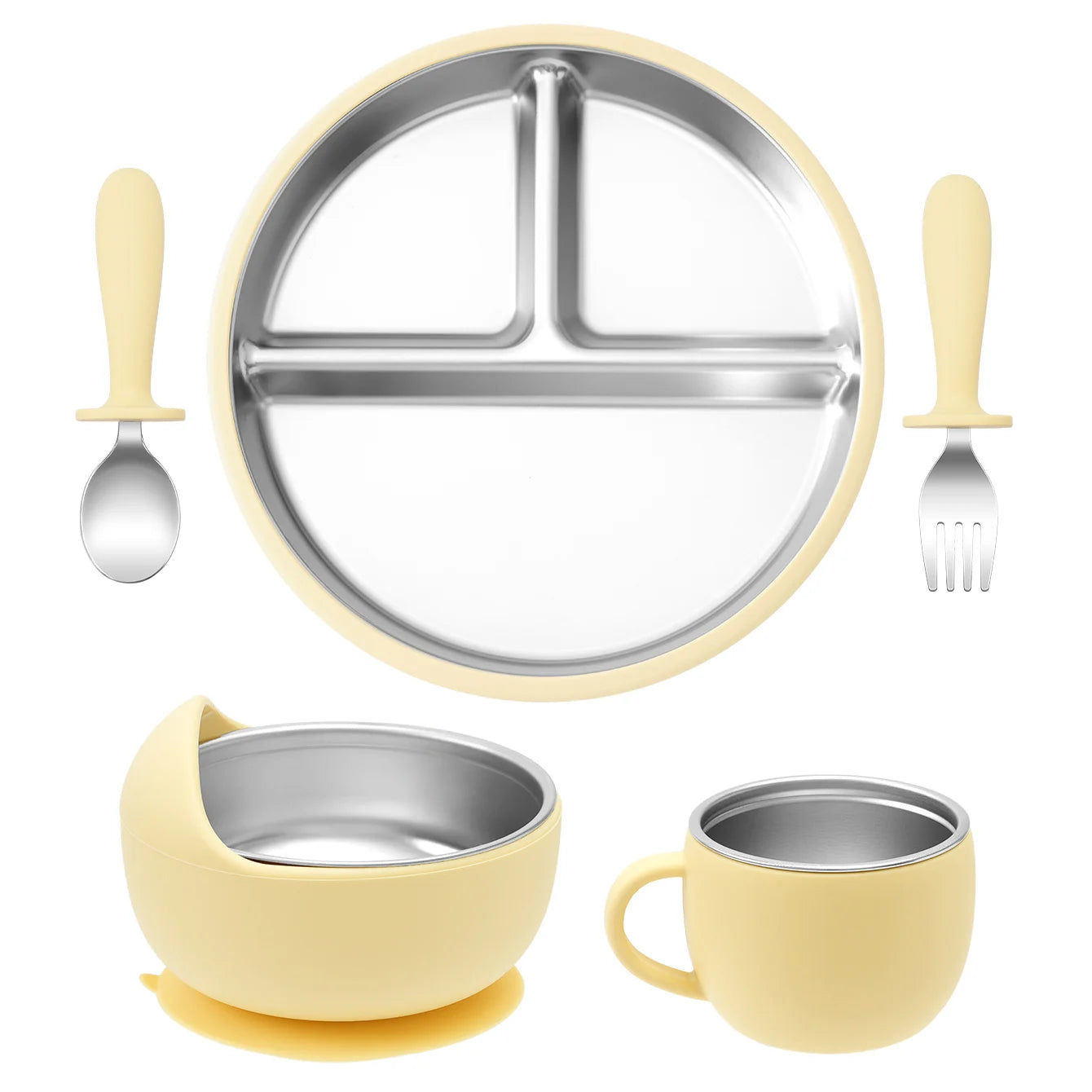 5PCS Stainless Steel Detachable Dishes Plate Baby Feeding Set With BPA Free Silicone Bowl Cup Infant Training Fork Spoon Gifts