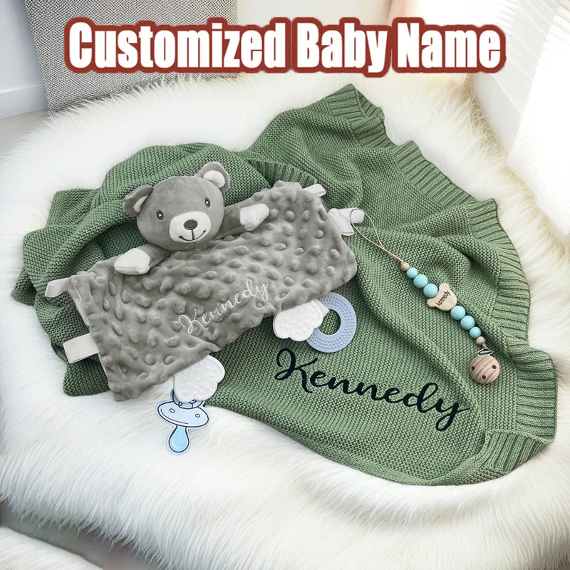 Personalized Name Baby Knitted Blanket Set Infant Cotton Blanket with Soft Comforter Toy&Percifer Baby Shower Gifts Bith Gift