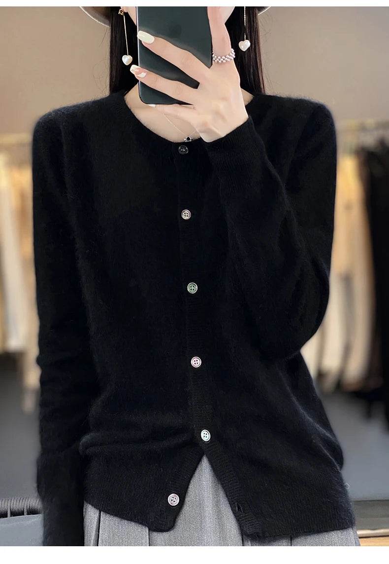 Women's Cardigan 100% Mink Cashmere Sweater,O-Neck Long Sleeve Top,Plus-Size Loose,Spring and Autumn Soft Knitted Jacket Female - AIAZ