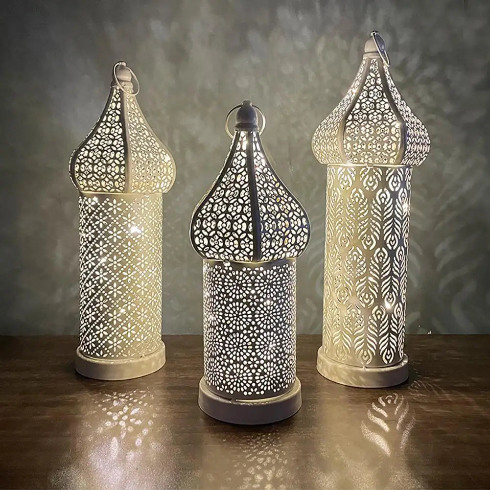 35CM White Hollow Led Wind Lamp Morocco Style Night Light Luminous Iron Lantern Home Living Room Decorative Lamp Ornaments