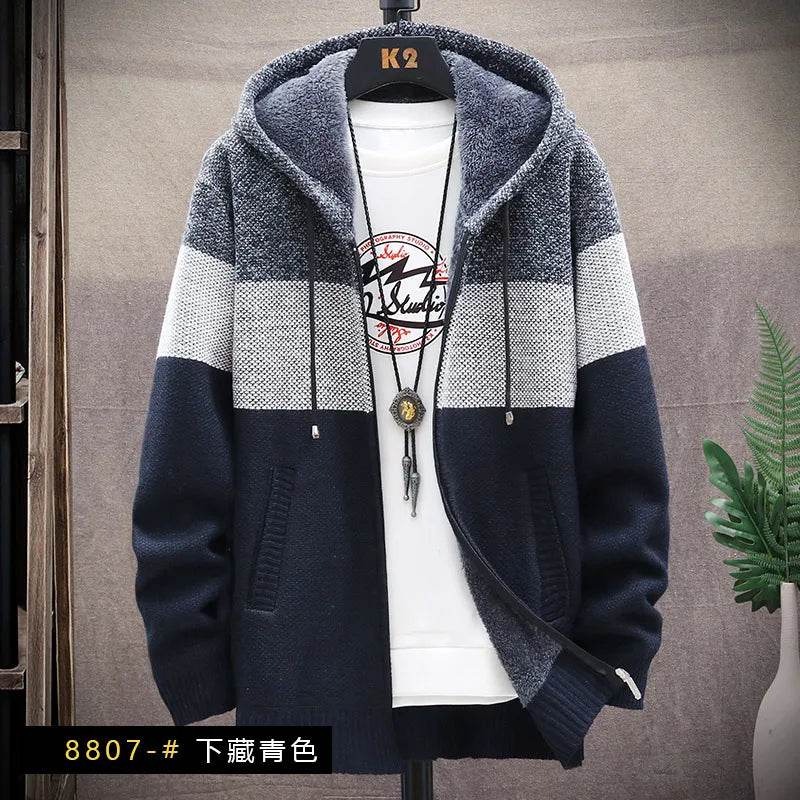 Autumn Winter Cardigan Sweater Men Fleece Zipper Sweaters Velvet Contrast Striped Sweater Coats Casual Jackets - AIAZ