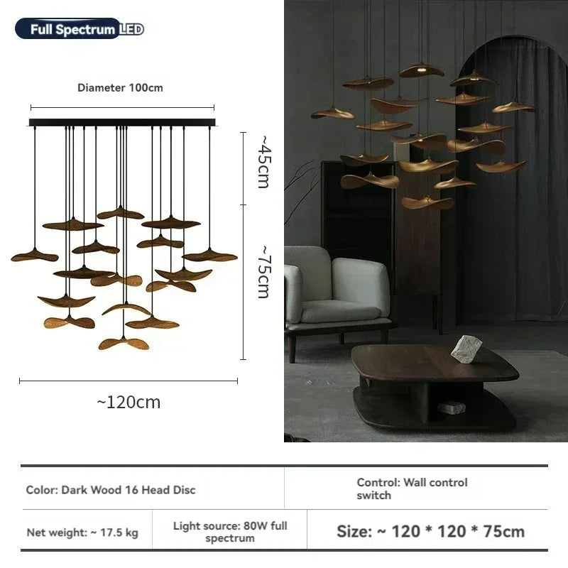 Japanese Lotus Leaf Chandelier Wabi Sabi Solid Wood Lamp Living Dining Room Zen Tearoom Villa Duplex Kitchen Island Linear Light