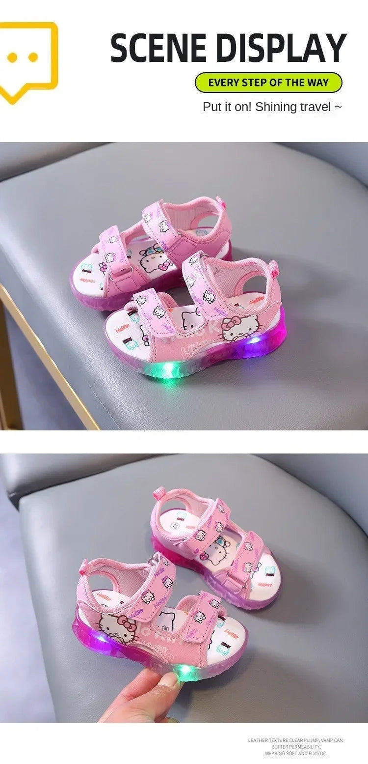 2024 Summer Baby LED Light Sandals For Girls Cute Hello Kitty Children's Casual Shoes Anti-slip Kids Beach Shoes Outdoor Shoes