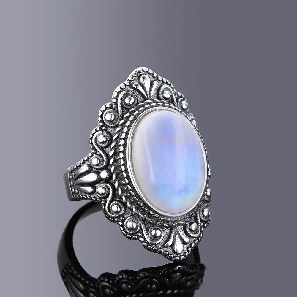 Retro Oval Natural Labradorite Rings for Women Men Silver Ring Finger Ring Retro Gemstone Rings Jewelry Party Gift