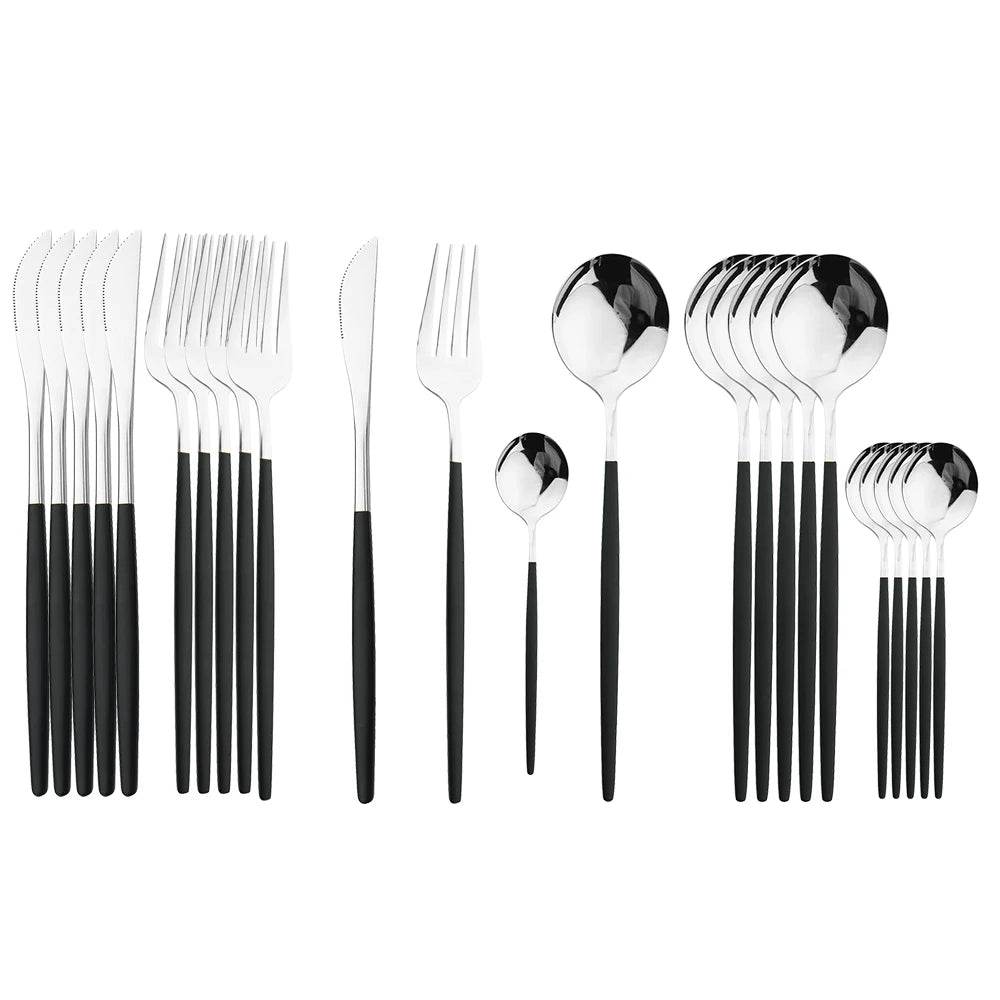 24Pcs Black Handle Golden Cutlery Set Stainless Steel Knife Fork Spoon Tableware Flatware Set Festival Kitchen Dinnerware Gift - AIAZ