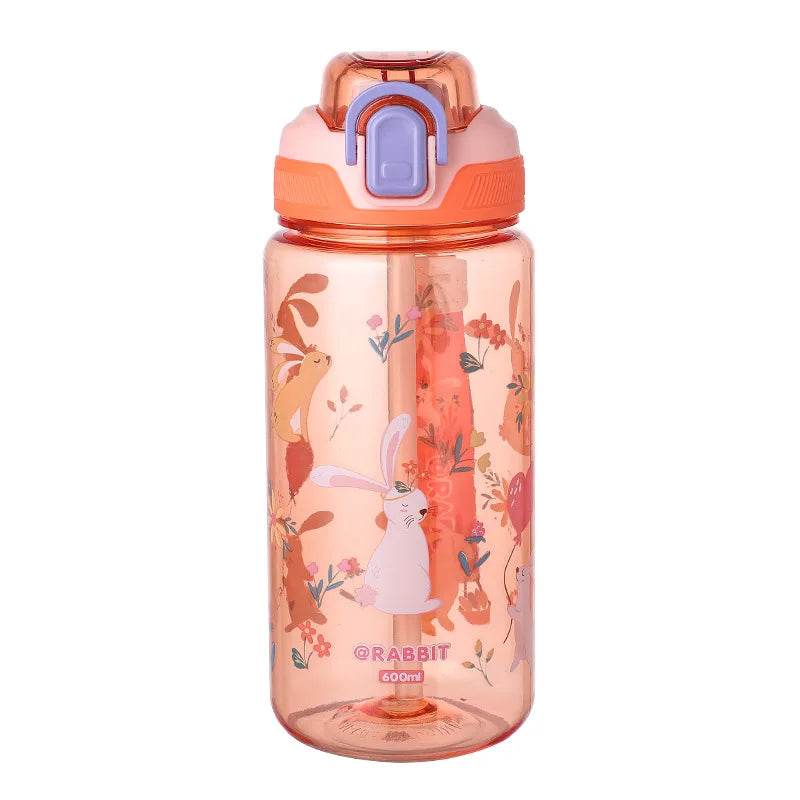 600ml Plastic Sports Water Bottles Cute Cartoon Children's Water Cup with Straw Leakproof Summer Outdoor Portable Kids Kettle - AIAZ