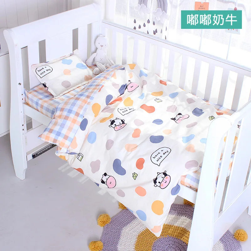 3Pcs Set Newborn Baby Cot Sheet Duvet Cover Case Pillowcase Cotton Cartoon Print Crib Flat Bed Sheet Infant Toddlers Beddings