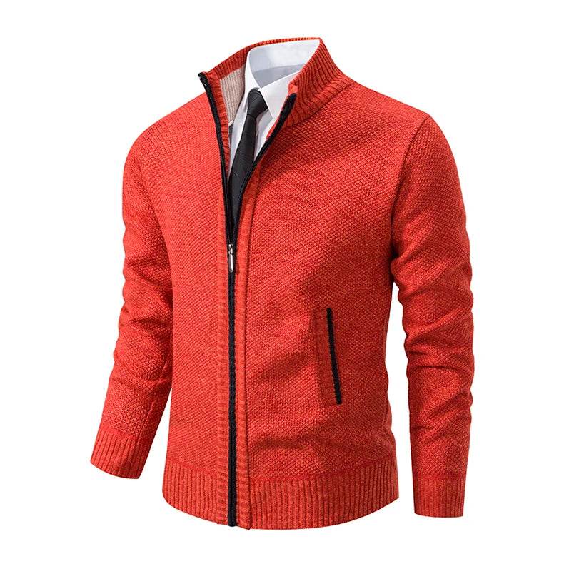 Autumn And Winter New Jersey Men's Casual Sports Coat Solid Color Stand Collar Wweater Grab Fleece Warm Zipper Cardigan - AIAZ