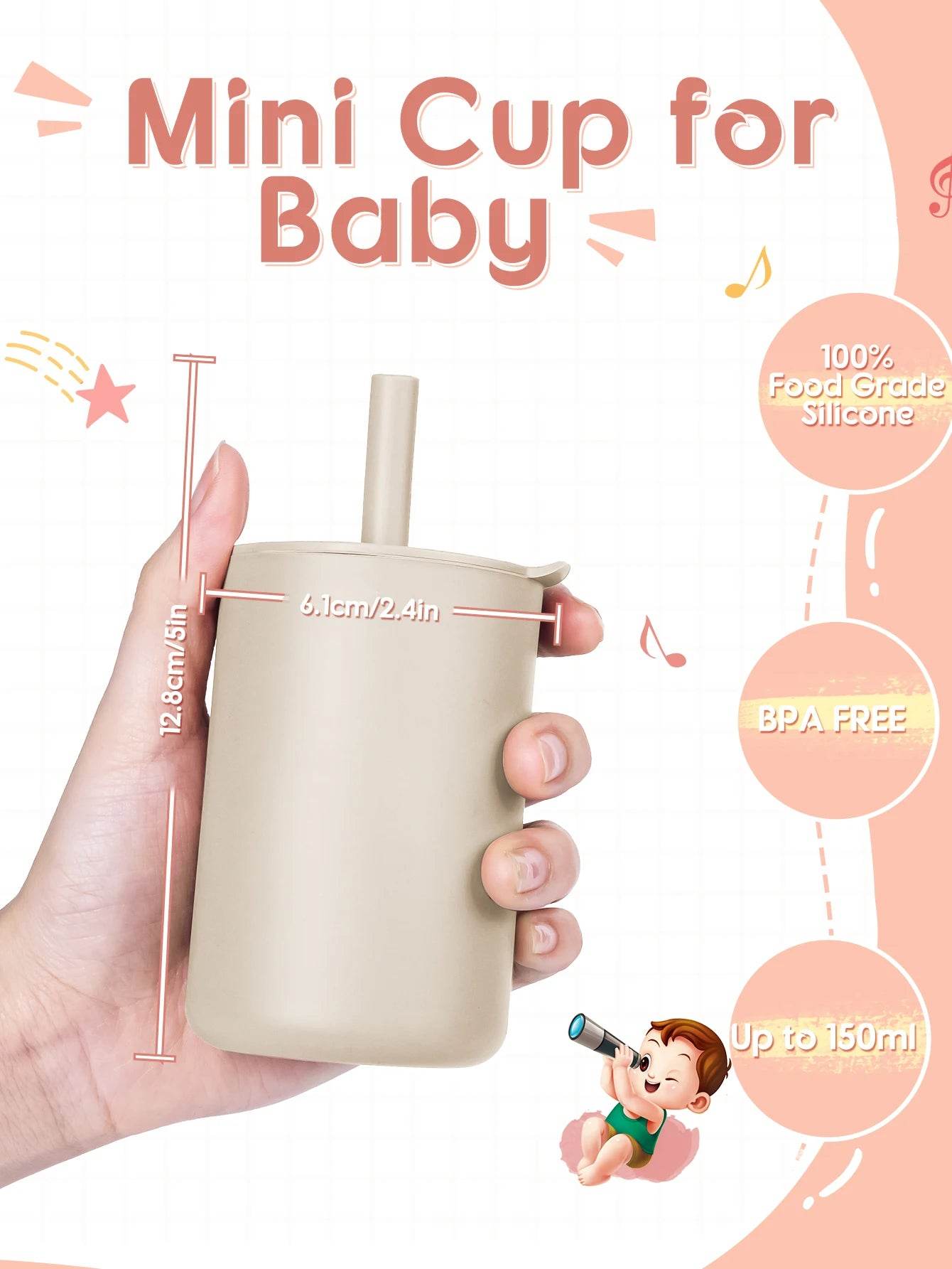 Mini Water Cup For Kids, Learning Drinking Portable Training Cup With Straw & Lid For Toddler Drinking Water, Silicone Baby Wate - AIAZ