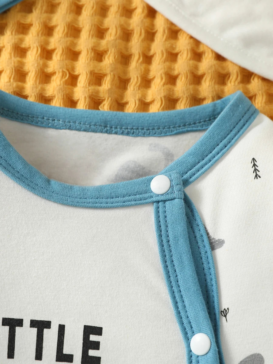 4PCS Baby unisex Long Sleeve Round Neck Animal Print With Button Casual  Jumpsuit +Bib+Hat+Gloves