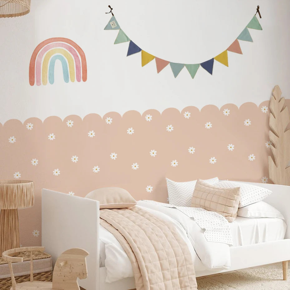 Boho Flower Daisy Scalloped Wallpaper Nursery Child Wall Art Kids Room Girls Bedroom Home Decor Waterproof Peel and Stick