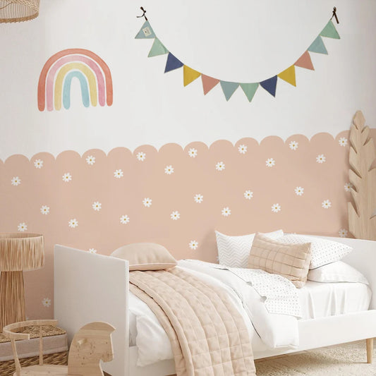 Boho Flower Daisy Scalloped Wallpaper Nursery Child Wall Art Kids Room Girls Bedroom Home Decor Waterproof Peel and Stick