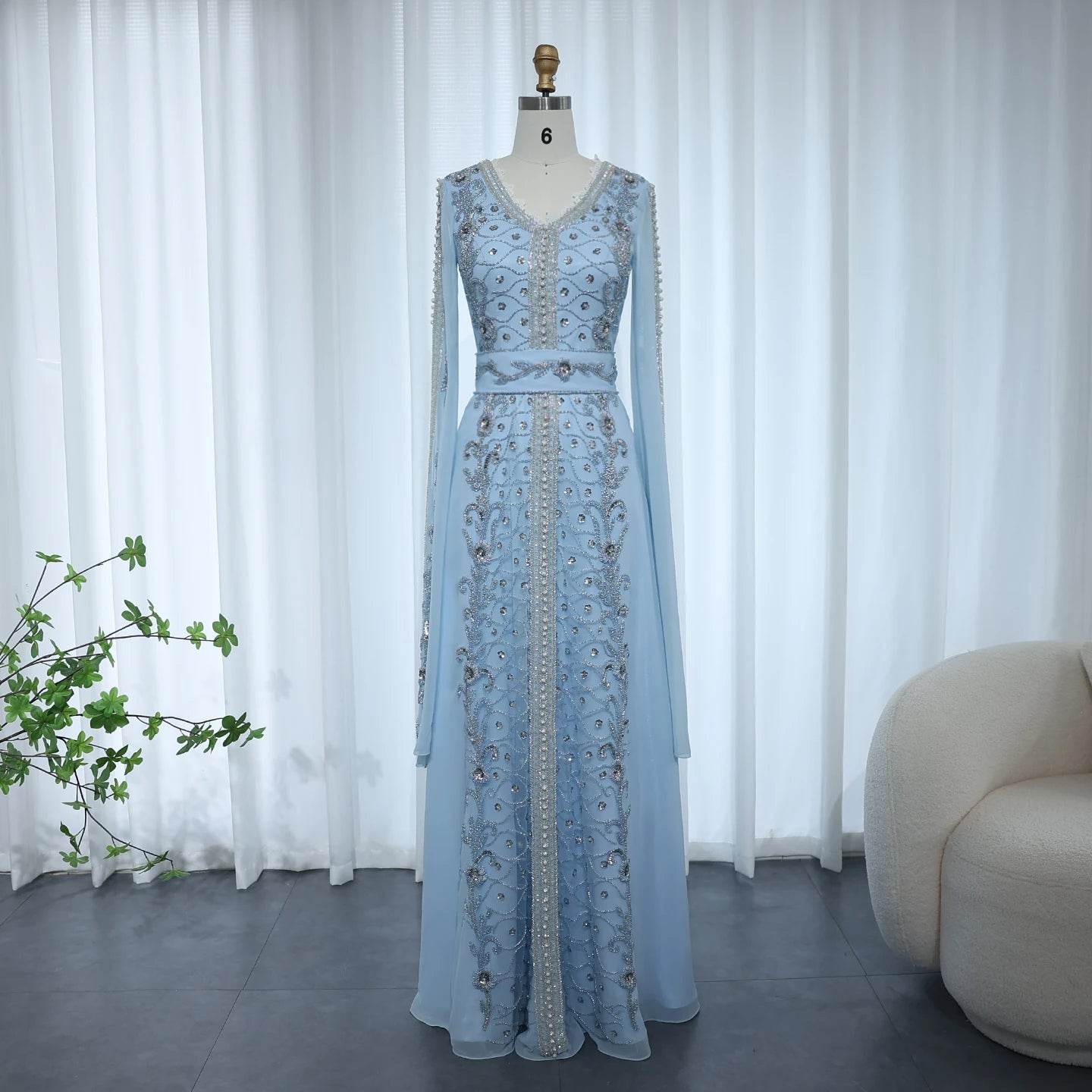 Sharon Said Luxury Dubai Moroccan Kaftan Blue Evening Dresses Long Sleeve Muslim for Formal Wedding Party SS404 Customized - AIAZ