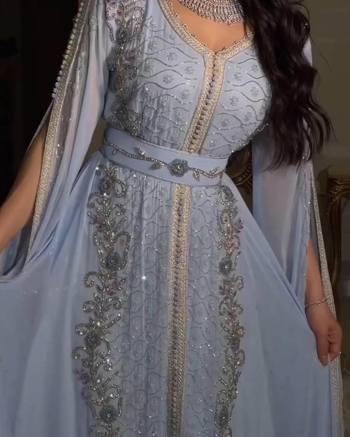 Sharon Said Luxury Dubai Moroccan Kaftan Blue Evening Dresses Long Sleeve Muslim for Formal Wedding Party SS404 Customized - AIAZ