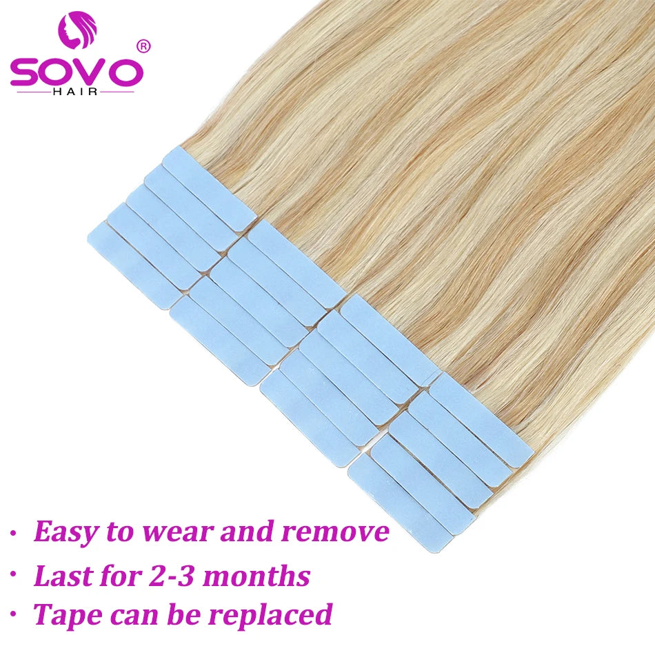 SOVO Tape in Hair Extensions 100% Remy Human Hair 20 Inch  20pcs 50G Balayage Skin Weft Tape in Extensions  12-26 inch