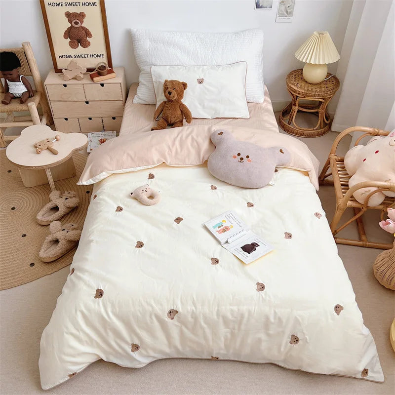 3PCS Baby Boys Bedding Set Bear Embroidered Cot Crib Bedding Set Cotton Korean Baby Bedding Duvet Cover+ Sheet+Pillowcase