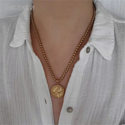 10pcs Waterproof Stainless Steel Box Chain Jewelry Lucky Six Pence U.K Elizabeth Coin Gold Color Women Medallion Necklace Tiki