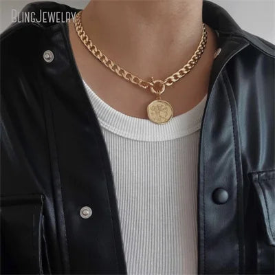 10pcs Waterproof Stainless Steel Box Chain Jewelry Lucky Six Pence U.K Elizabeth Coin Gold Color Women Medallion Necklace Tiki