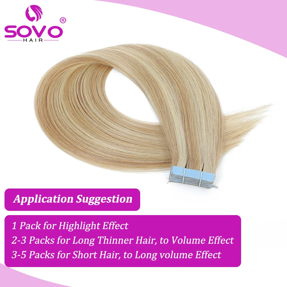 SOVO Tape in Hair Extensions 100% Remy Human Hair 20 Inch  20pcs 50G Balayage Skin Weft Tape in Extensions  12-26 inch