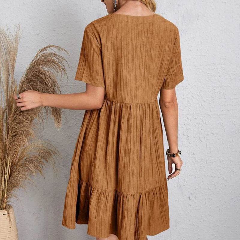 Women Mini Dress Summer Casual Solid V Neck Ruffles A-line Dress Female Fashion Holiday Boho Loose Beach Elegant Dresses Vestido - AIAZ