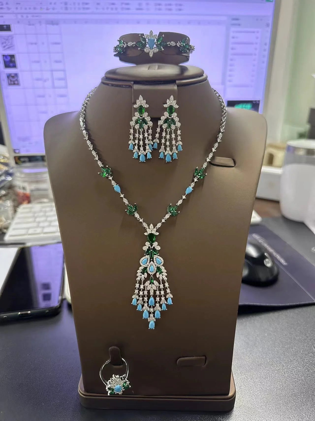 2025 New Exquisite Turquoise Dubai Jewelry Sets for Wedding Bridal Wedding Party 4 Pieces Set Accessories