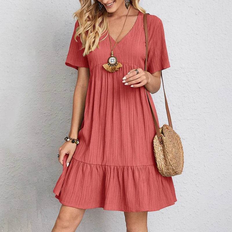 Women Mini Dress Summer Casual Solid V Neck Ruffles A-line Dress Female Fashion Holiday Boho Loose Beach Elegant Dresses Vestido - AIAZ