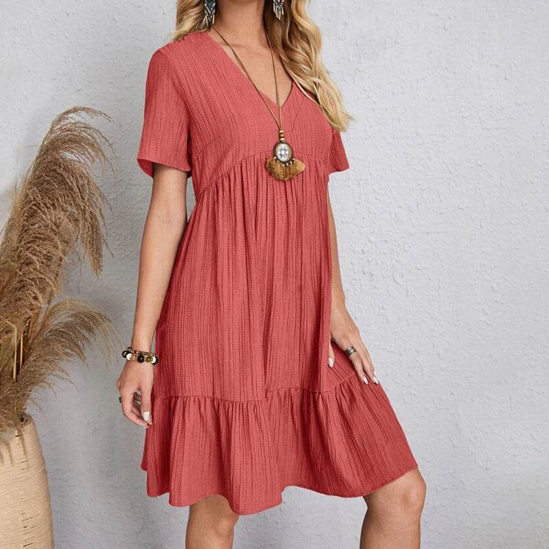 Women Mini Dress Summer Casual Solid V Neck Ruffles A-line Dress Female Fashion Holiday Boho Loose Beach Elegant Dresses Vestido - AIAZ