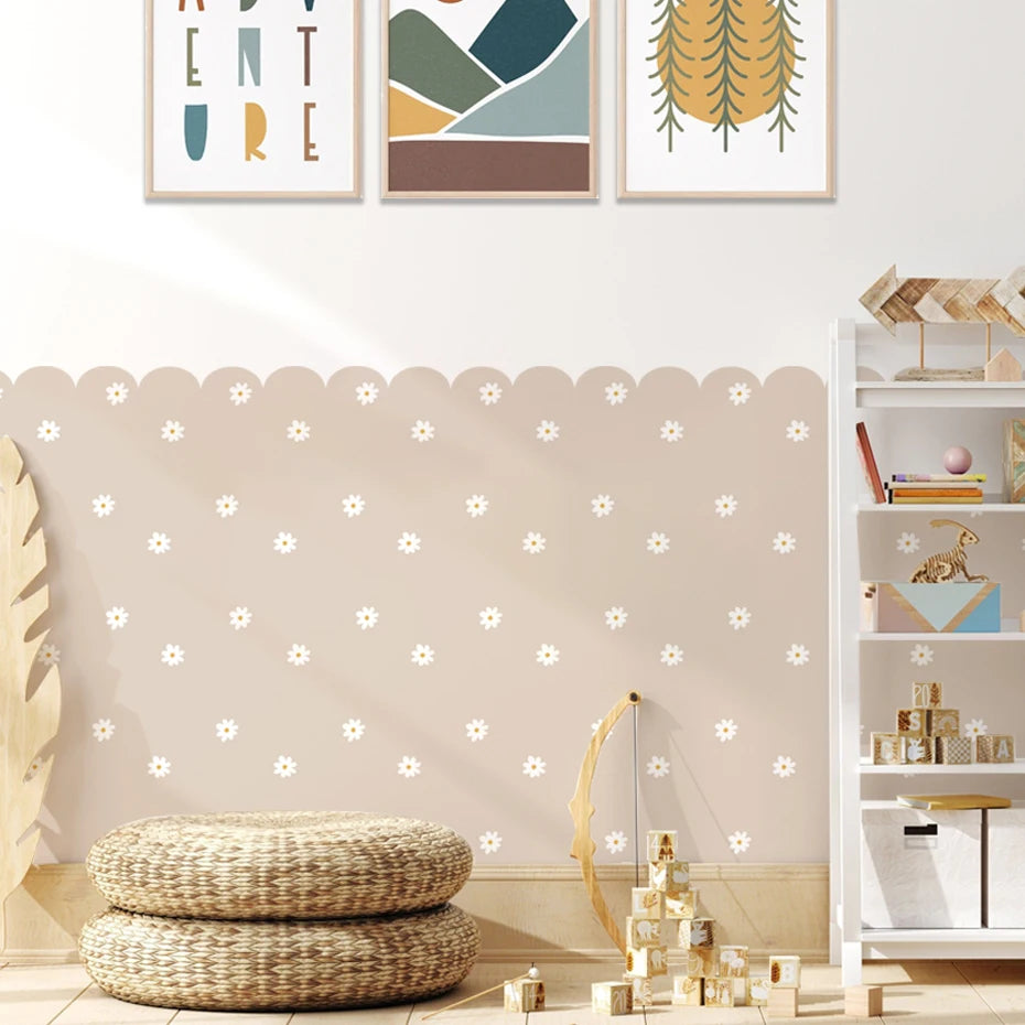 Boho Flower Daisy Scalloped Wallpaper Nursery Child Wall Art Kids Room Girls Bedroom Home Decor Waterproof Peel and Stick