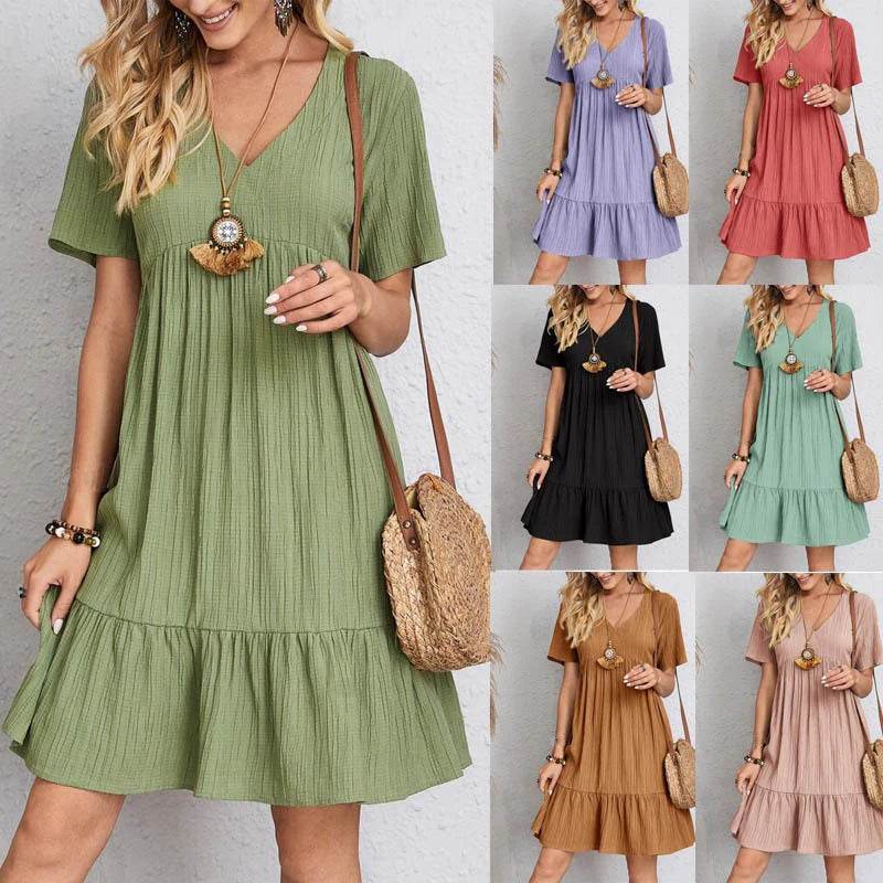 Women Mini Dress Summer Casual Solid V Neck Ruffles A-line Dress Female Fashion Holiday Boho Loose Beach Elegant Dresses Vestido - AIAZ