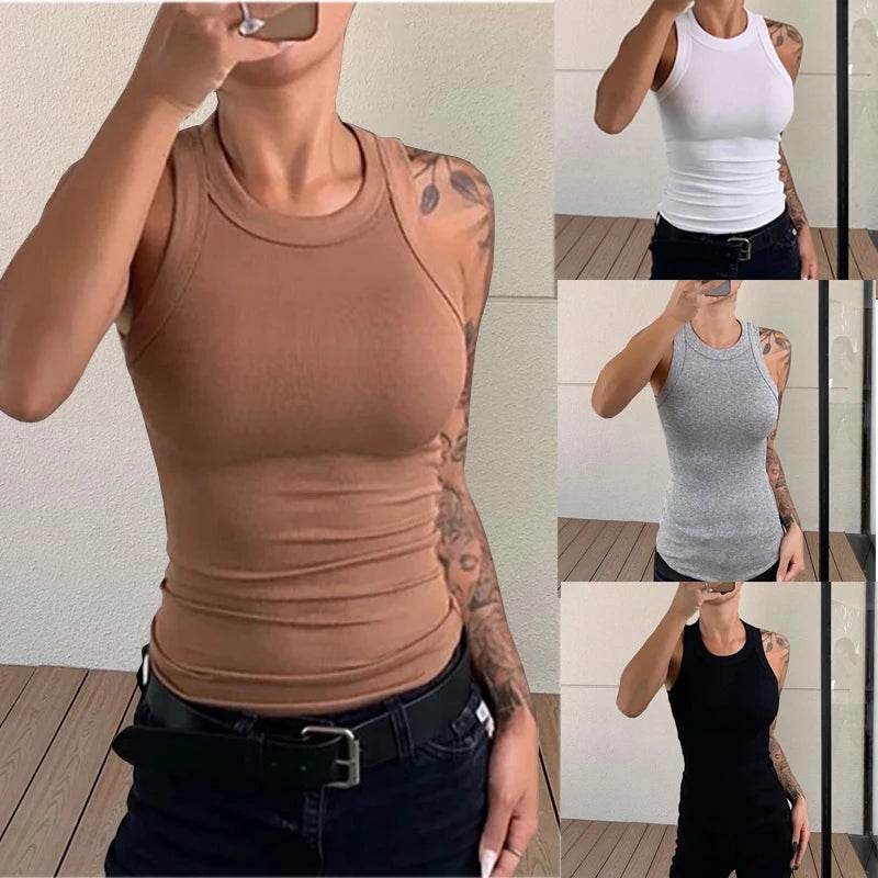 Women Solid O Neck Ribbed Tank Top Summer Basic Elastic Tank Shirts Camisole Chic Fashion Sleeveless Undershirt Pullover Tops - AIAZ