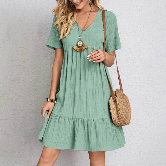 Women Mini Dress Summer Casual Solid V Neck Ruffles A-line Dress Female Fashion Holiday Boho Loose Beach Elegant Dresses Vestido - AIAZ
