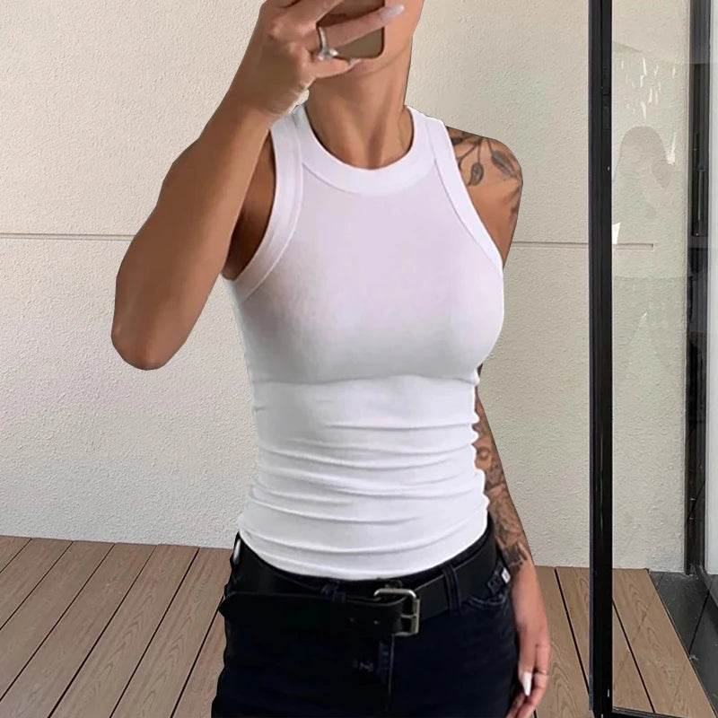 Women Solid O Neck Ribbed Tank Top Summer Basic Elastic Tank Shirts Camisole Chic Fashion Sleeveless Undershirt Pullover Tops - AIAZ