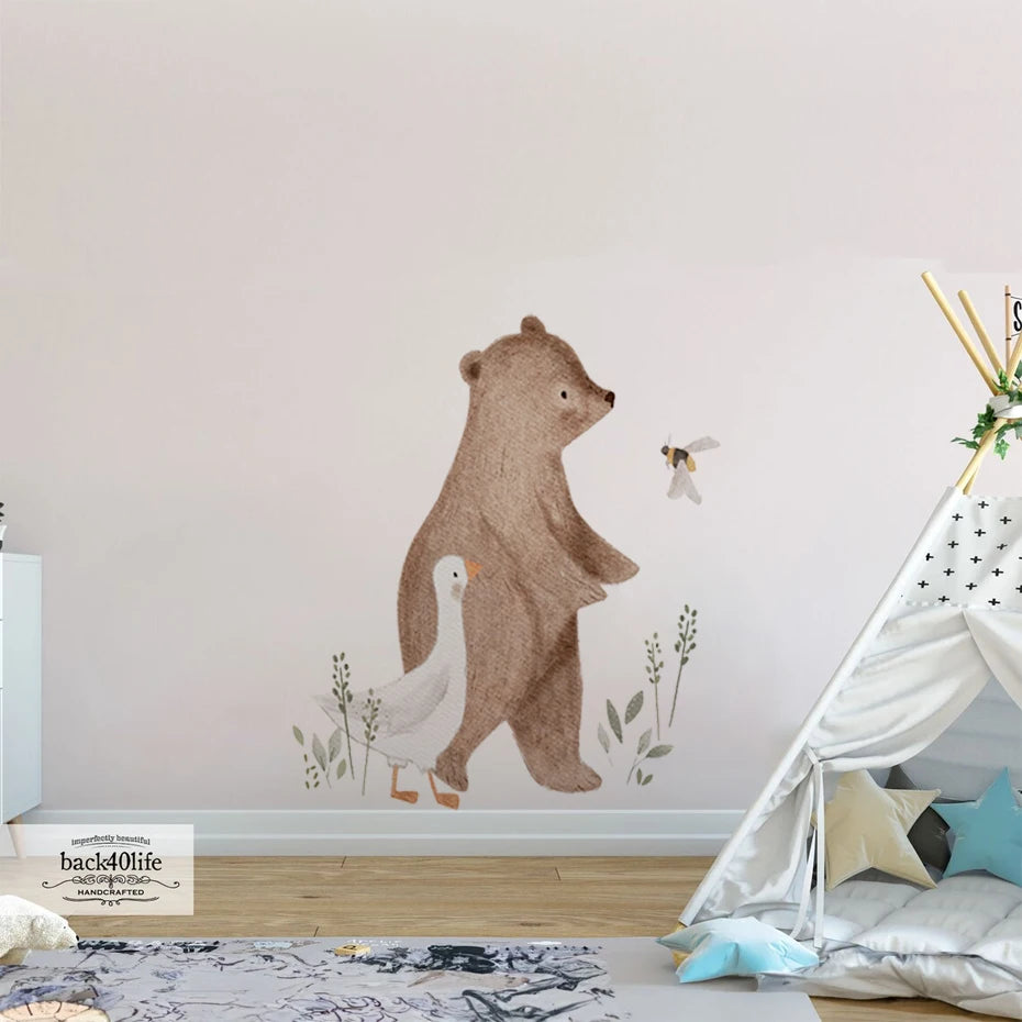 Cartoon Bear Duck Bee Animals Watercolor Wall Sticker Nursery Child Room Decal Art Baby Kids Room Bedroom Living Home Decor