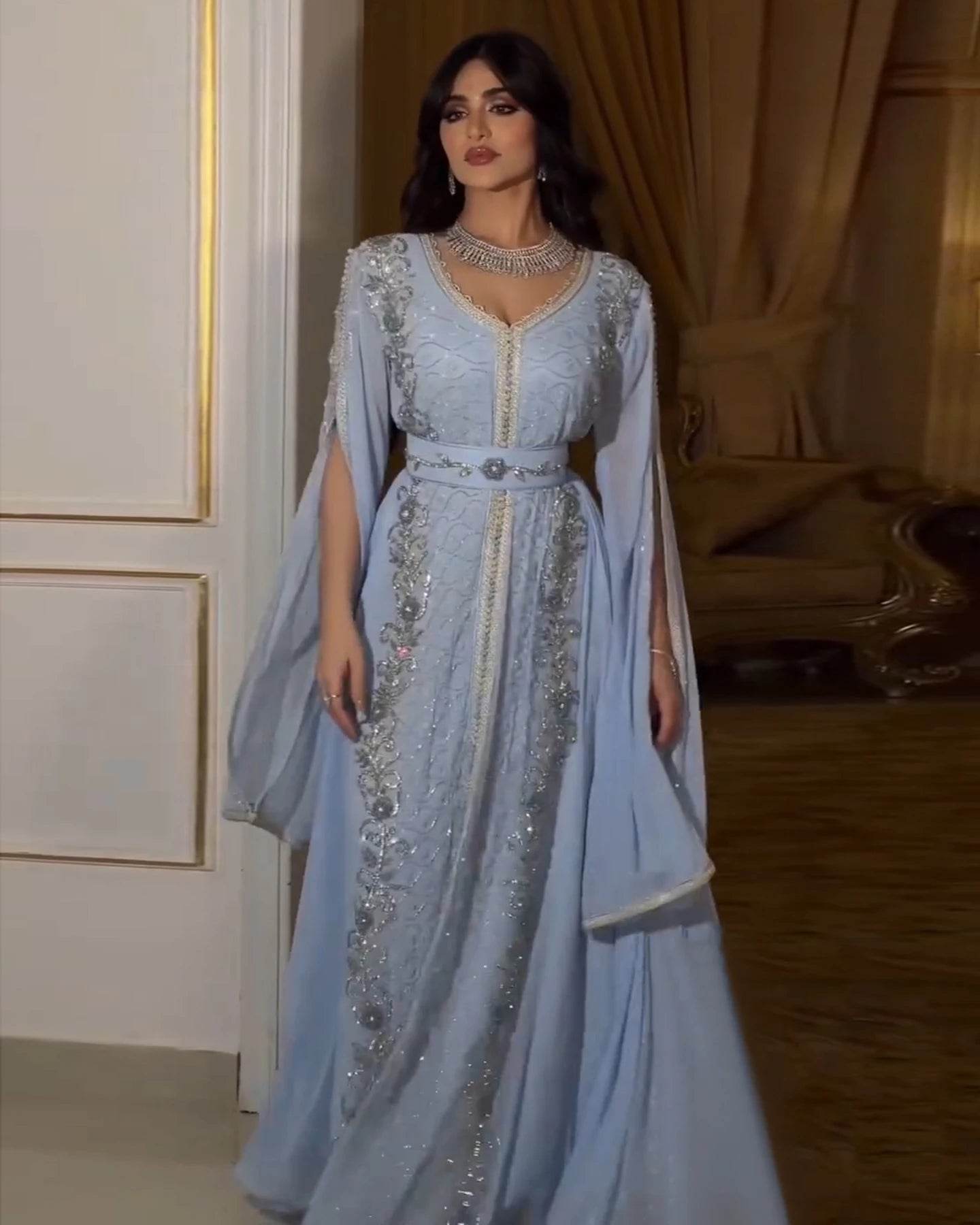 Sharon Said Luxury Dubai Moroccan Kaftan Blue Evening Dresses Long Sleeve Muslim for Formal Wedding Party SS404 Customized - AIAZ