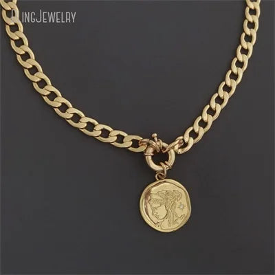 10pcs Waterproof Stainless Steel Box Chain Jewelry Lucky Six Pence U.K Elizabeth Coin Gold Color Women Medallion Necklace Tiki