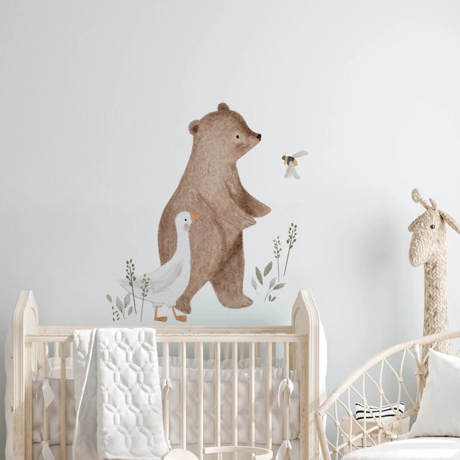 Cartoon Bear Duck Bee Animals Watercolor Wall Sticker Nursery Child Room Decal Art Baby Kids Room Bedroom Living Home Decor