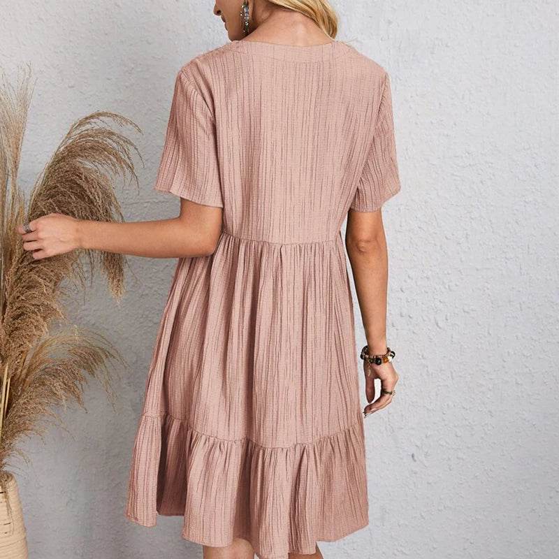 Women Mini Dress Summer Casual Solid V Neck Ruffles A-line Dress Female Fashion Holiday Boho Loose Beach Elegant Dresses Vestido - AIAZ