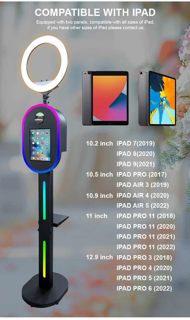 Hot Sale 10.2" 11" 12.9" iPad photo booth stand Selfie Photo Booth Shell for Ipad and DSLR with Ring Light for Birthday Party