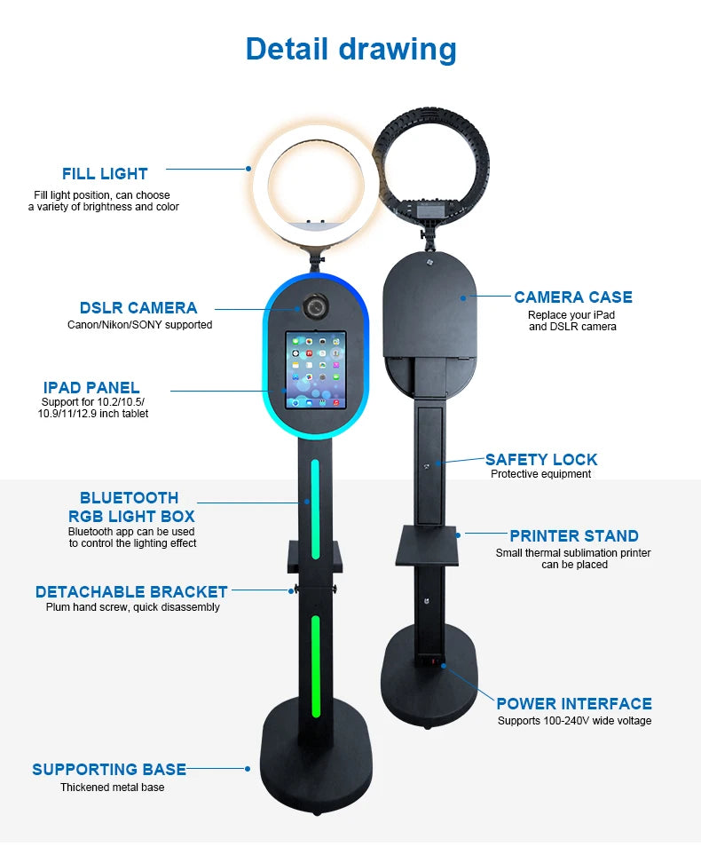 Hot Sale 10.2" 11" 12.9" iPad photo booth stand Selfie Photo Booth Shell for Ipad and DSLR with Ring Light for Birthday Party