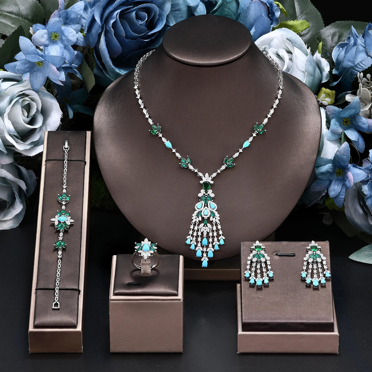 2025 New Exquisite Turquoise Dubai Jewelry Sets for Wedding Bridal Wedding Party 4 Pieces Set Accessories
