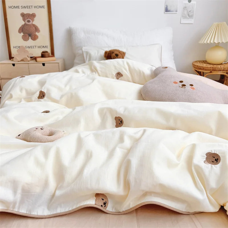 3PCS Baby Boys Bedding Set Bear Embroidered Cot Crib Bedding Set Cotton Korean Baby Bedding Duvet Cover+ Sheet+Pillowcase