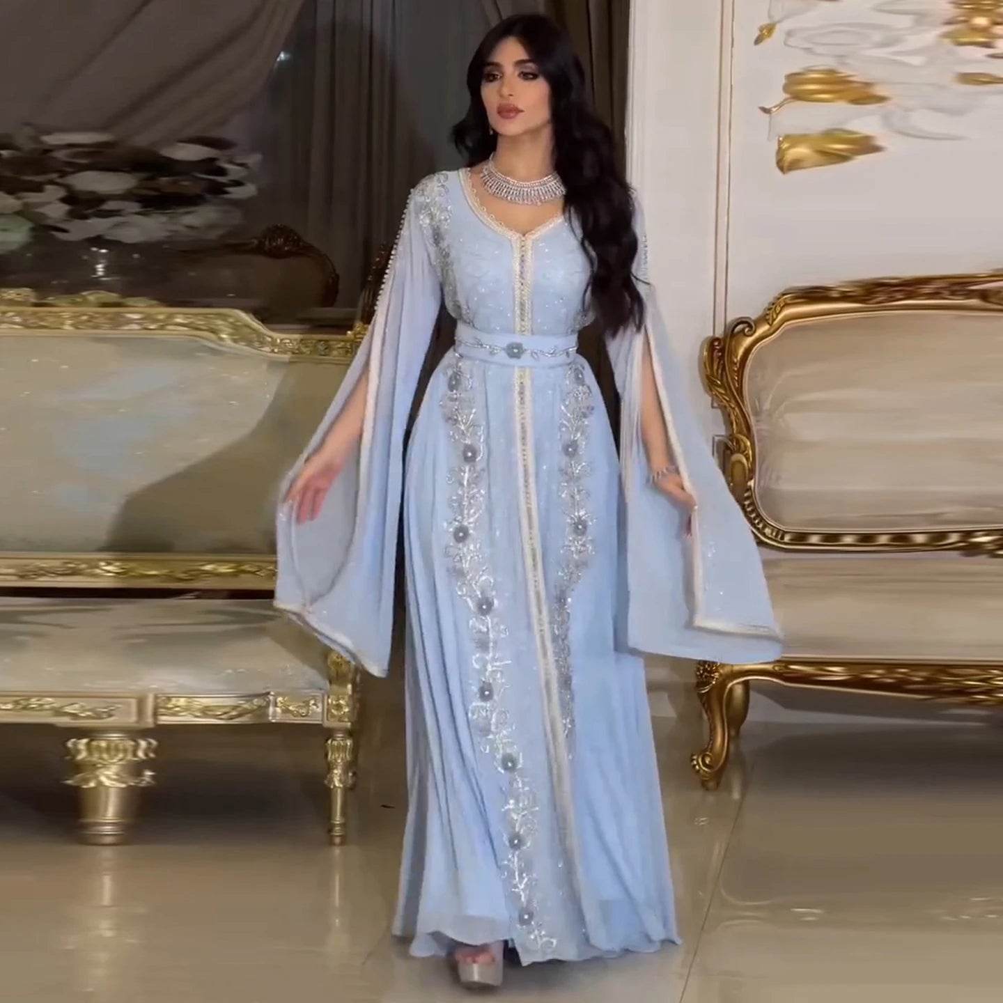 Sharon Said Luxury Dubai Moroccan Kaftan Blue Evening Dresses Long Sleeve Muslim for Formal Wedding Party SS404 Customized - AIAZ