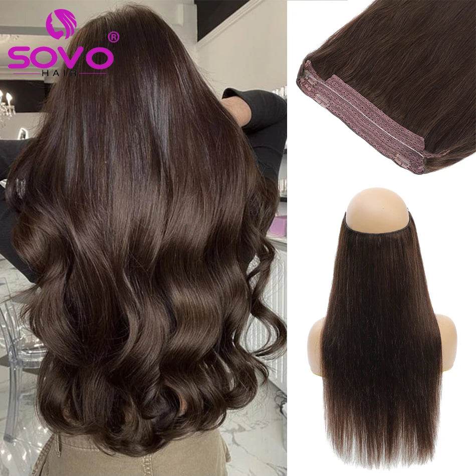 Halo Hair Extensions 100% Human Hair 14-28 Inch Hidden Wire Clip In Hair Ombre Brown Color Human Remy Fish Line Hair Extension - AIAZ
